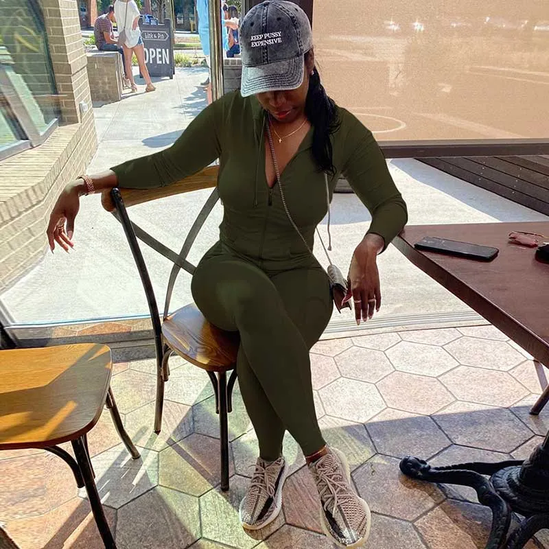 2023 workout bodycon hooded zipper pocket long sleeve tops sporty stretchy leggings 2 Piece Set Women casual fall sets