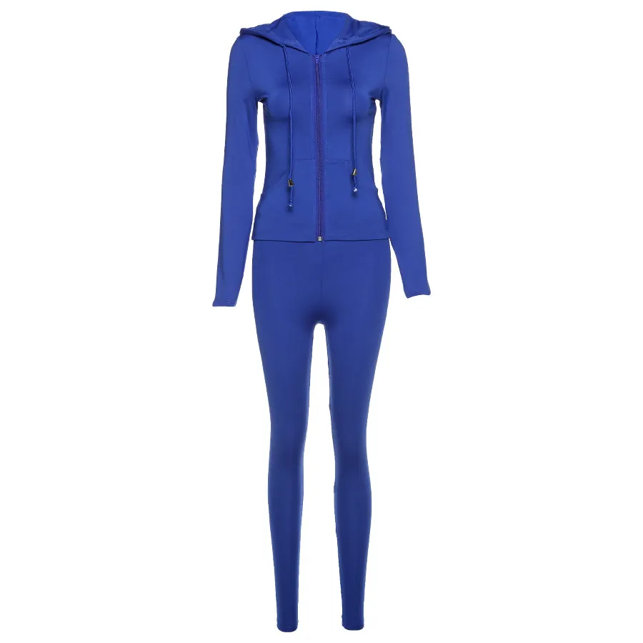2023 workout bodycon hooded zipper pocket long sleeve tops sporty stretchy leggings 2 Piece Set Women casual fall sets