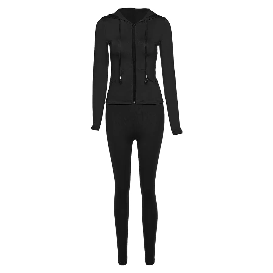 2023 workout bodycon hooded zipper pocket long sleeve tops sporty stretchy leggings 2 Piece Set Women casual fall sets