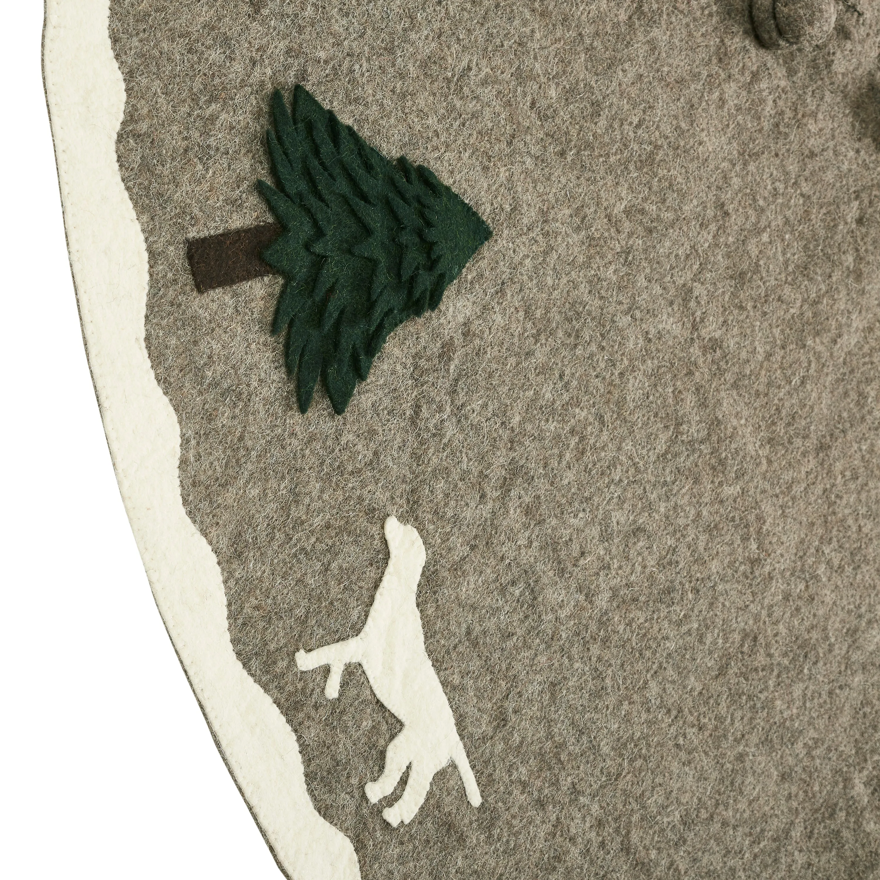 60" / 72" Cream Dogs and Green Trees Christmas Tree Skirt on Gray in Hand Felted Wool