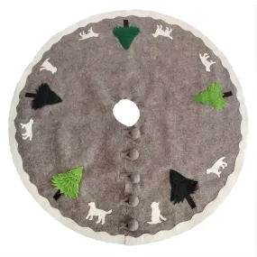 60" / 72" Cream Dogs and Green Trees Christmas Tree Skirt on Gray in Hand Felted Wool