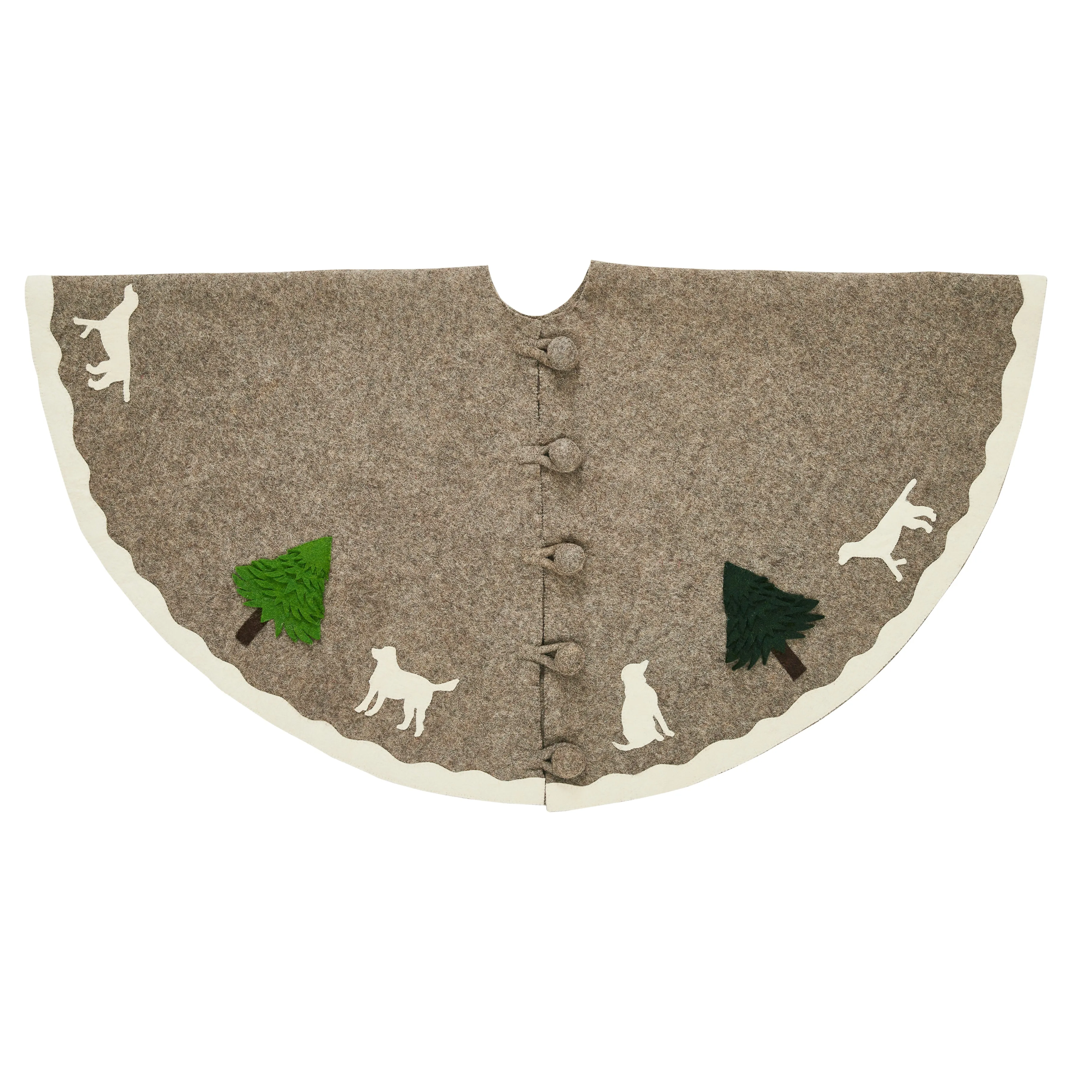 60" / 72" Cream Dogs and Green Trees Christmas Tree Skirt on Gray in Hand Felted Wool