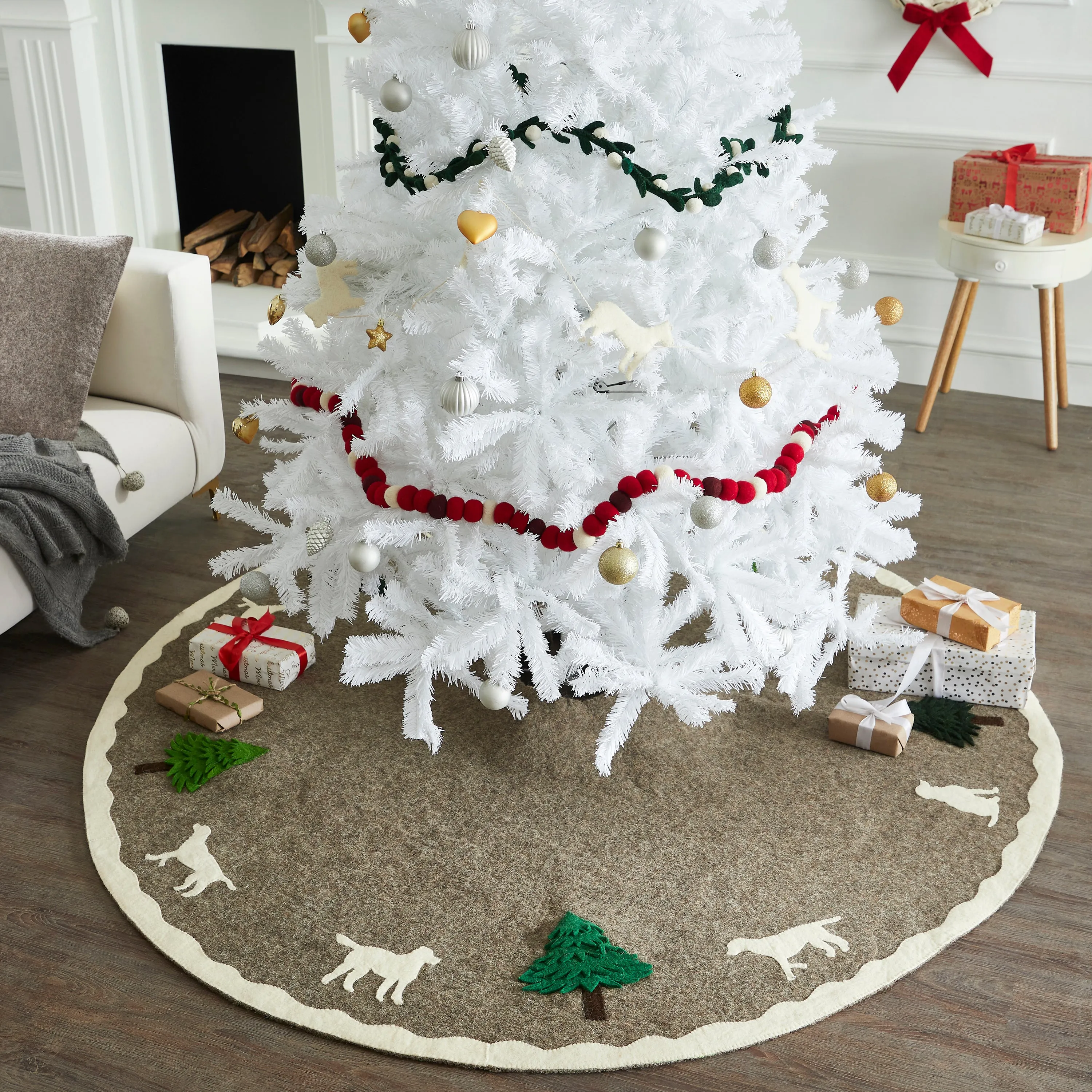 60" / 72" Cream Dogs and Green Trees Christmas Tree Skirt on Gray in Hand Felted Wool