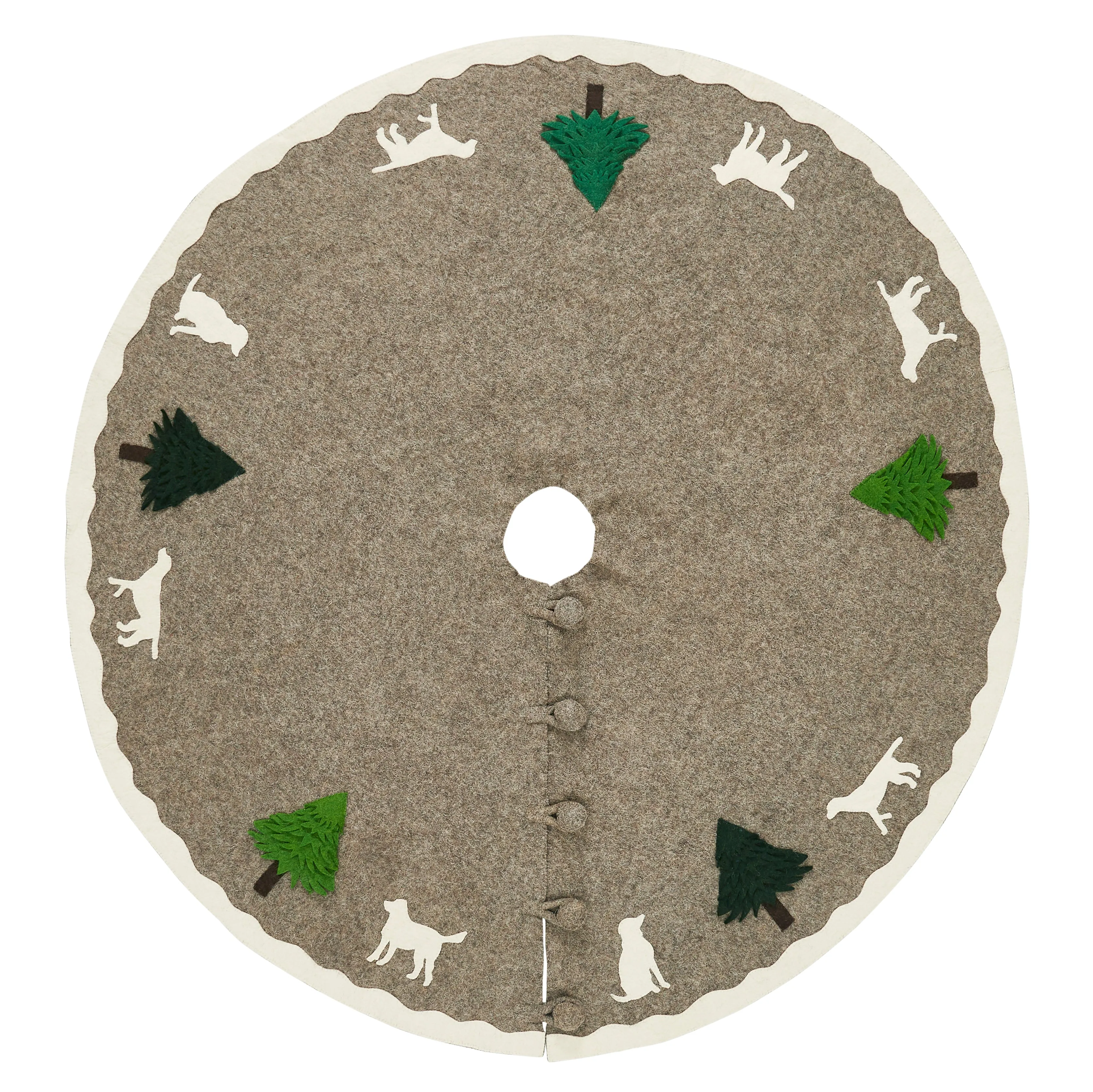 60" / 72" Cream Dogs and Green Trees Christmas Tree Skirt on Gray in Hand Felted Wool