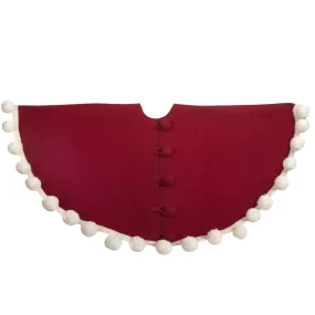 63" / 72"  Handmade Christmas Tree Skirt in Felt - Pom Poms on Red
