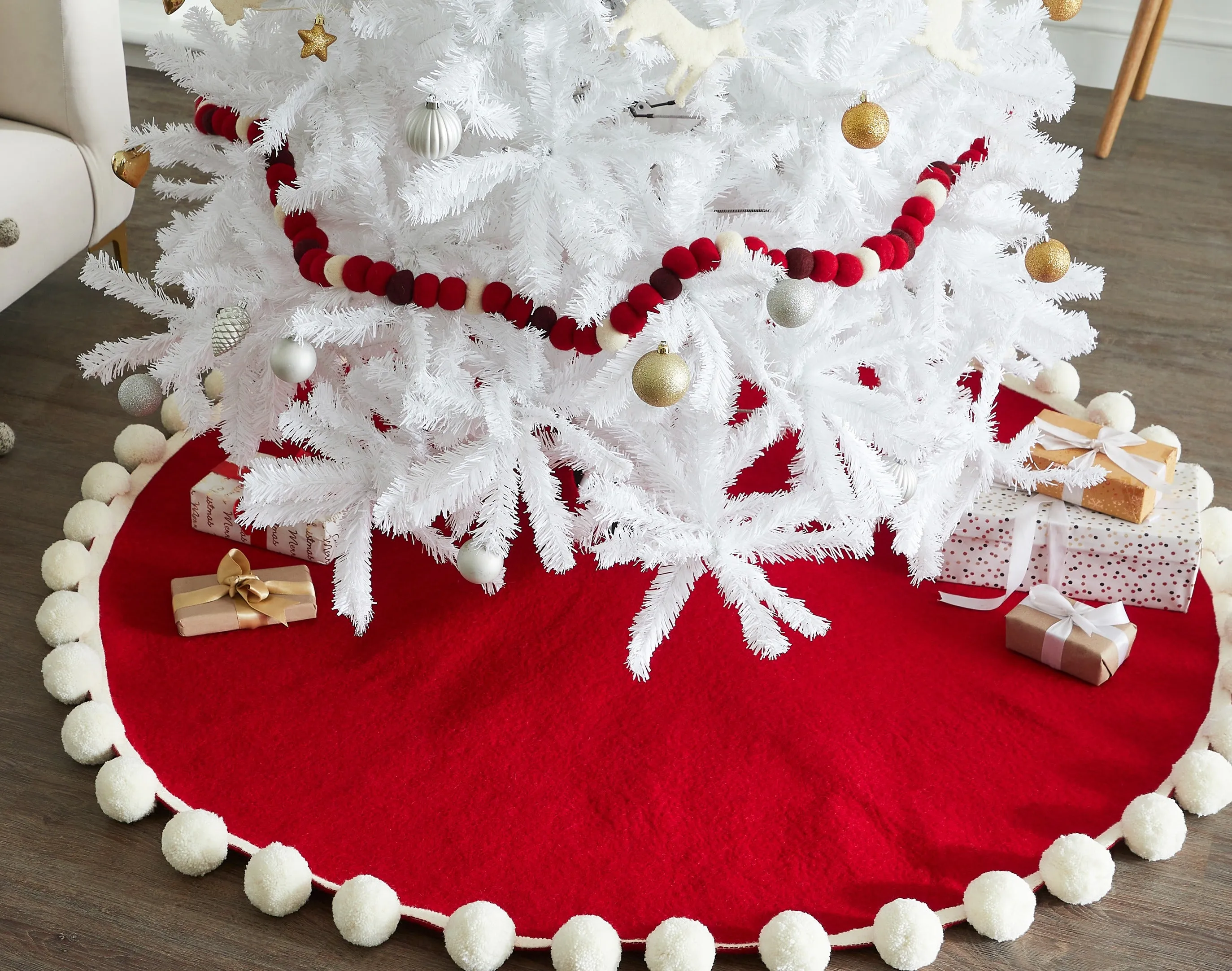 63" / 72"  Handmade Christmas Tree Skirt in Felt - Pom Poms on Red