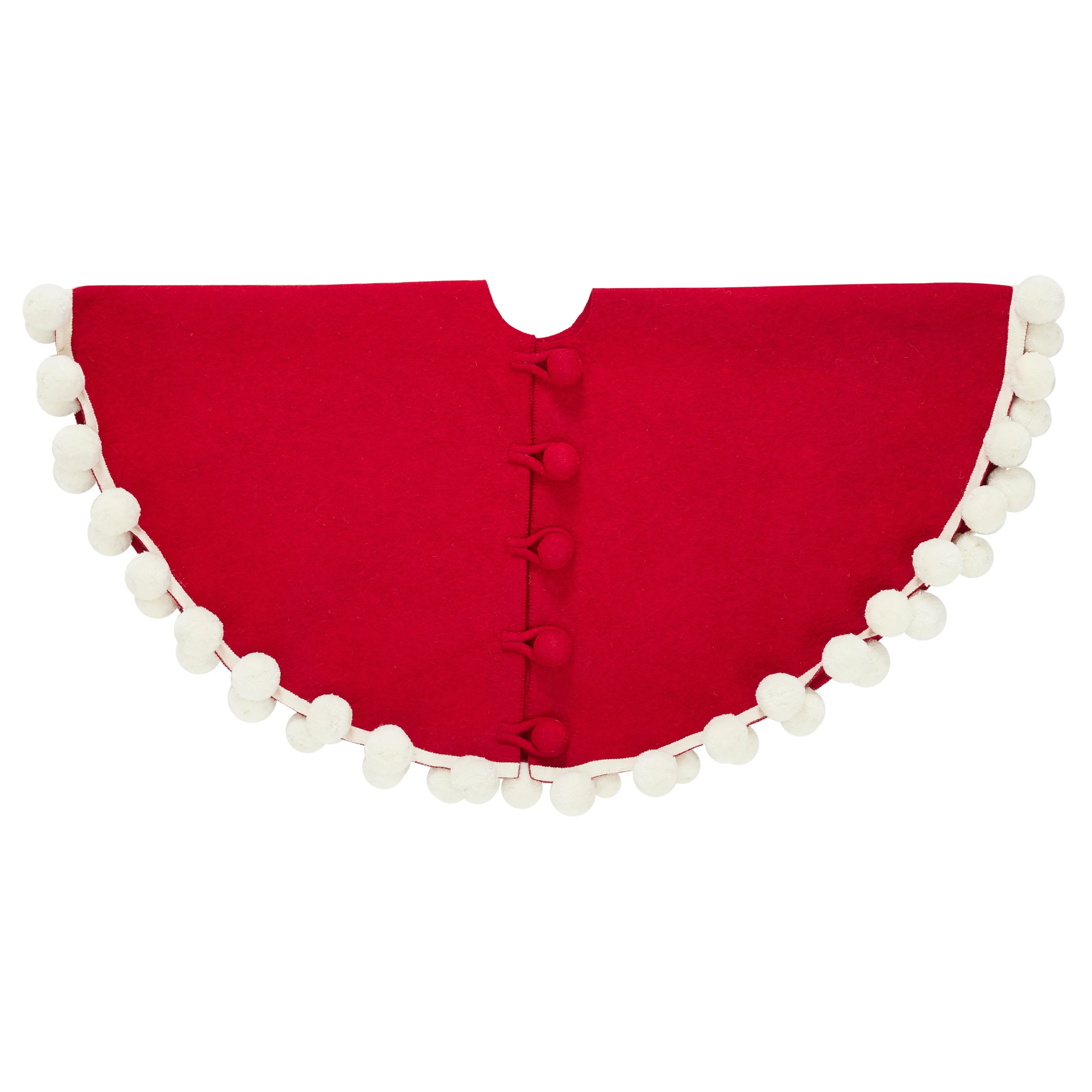 63" / 72"  Handmade Christmas Tree Skirt in Felt - Pom Poms on Red
