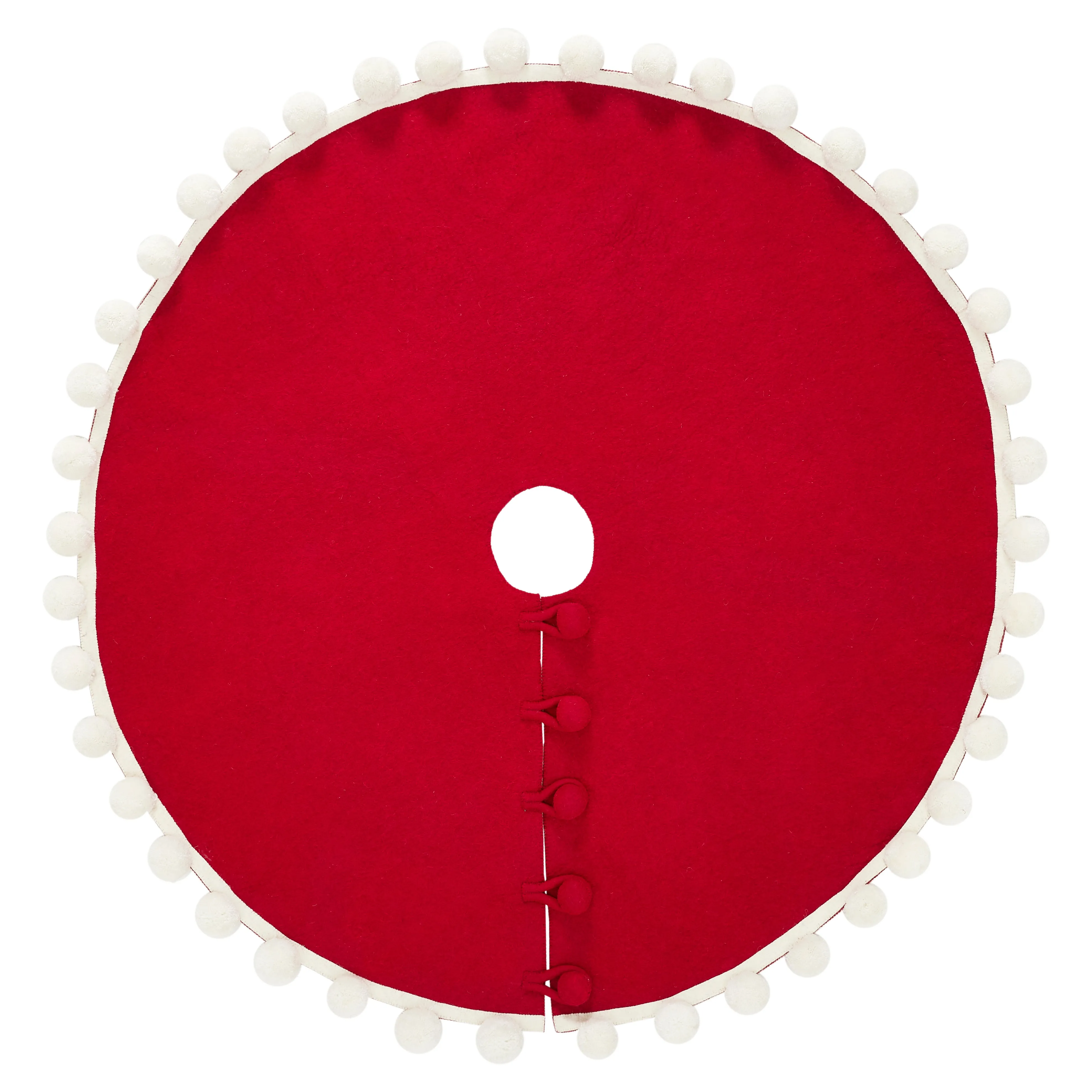63" / 72"  Handmade Christmas Tree Skirt in Felt - Pom Poms on Red