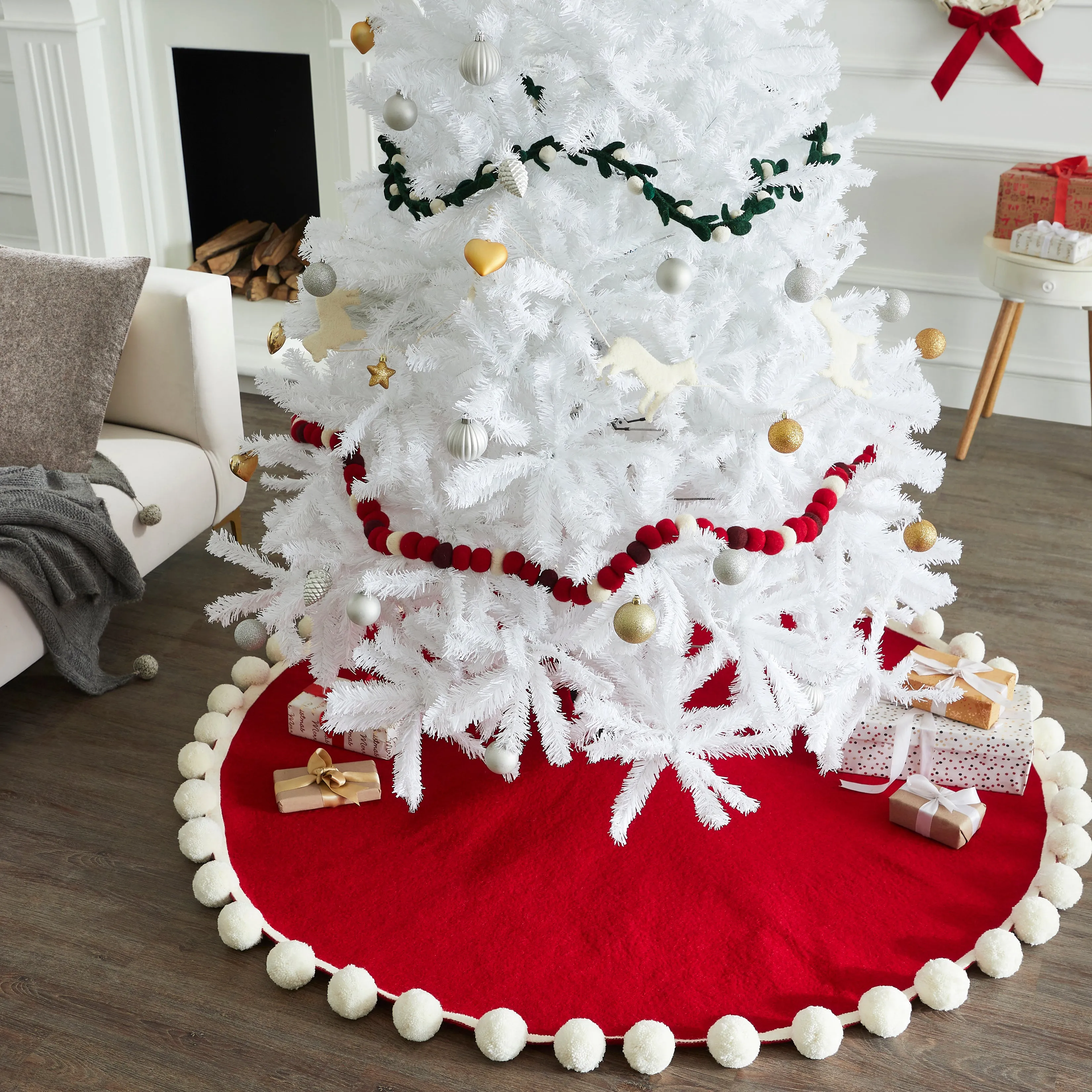 63" / 72"  Handmade Christmas Tree Skirt in Felt - Pom Poms on Red