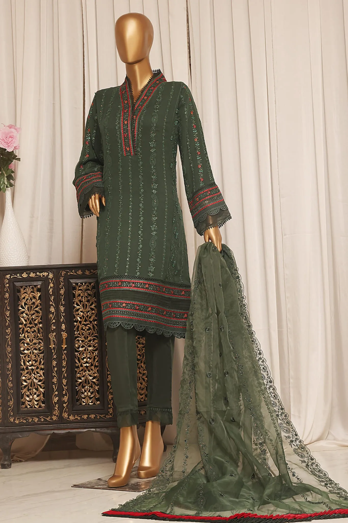 Bin Saeed Stitched 3 Piece Emb Chiffon Formal Collection'2023-ZEFC-2010-Green