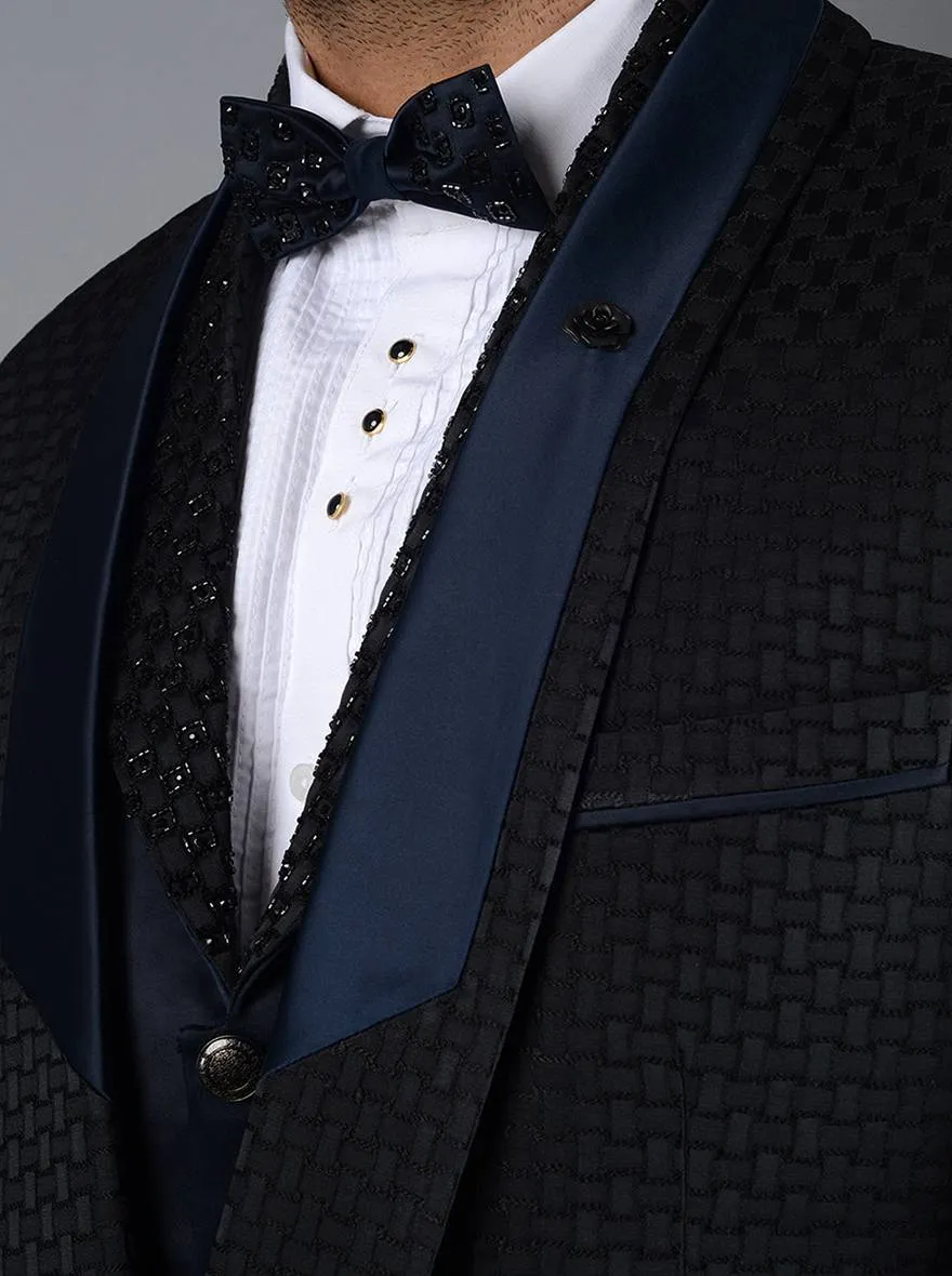 Black & Navy Blue Self Textured Regular Fit Suit | JadeBlue