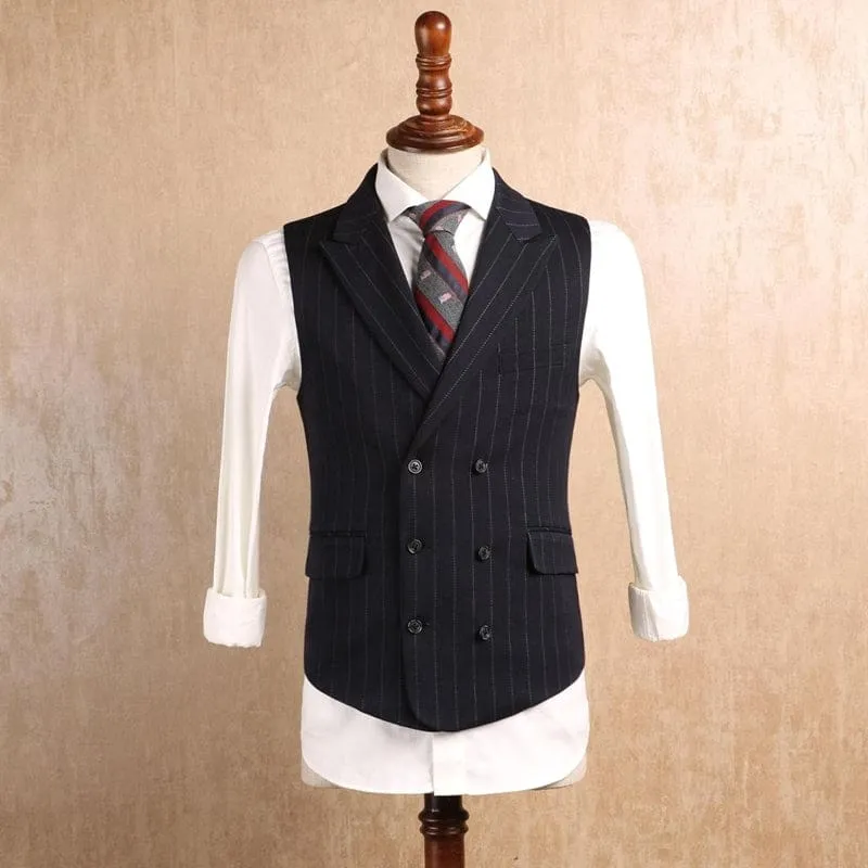 Black Striped Peaked Lapel Business Suits Three Pieces Tuxedos Wedding Party Groom Blazer Vest Pants