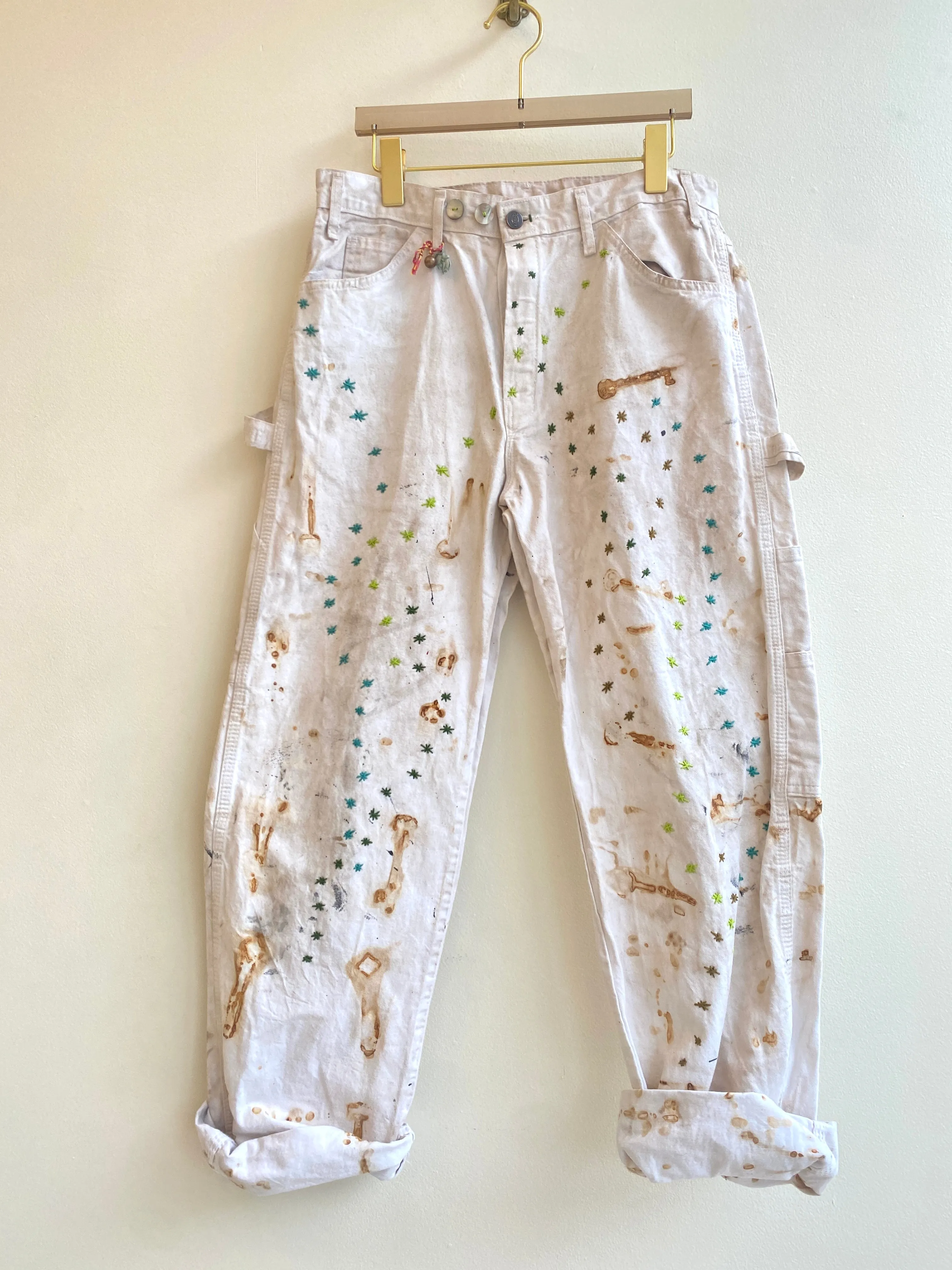 Blue & Green Star Embroidered Natural Skull Key Dyed Pants w/ Cracker Jack Charm (Reworked)