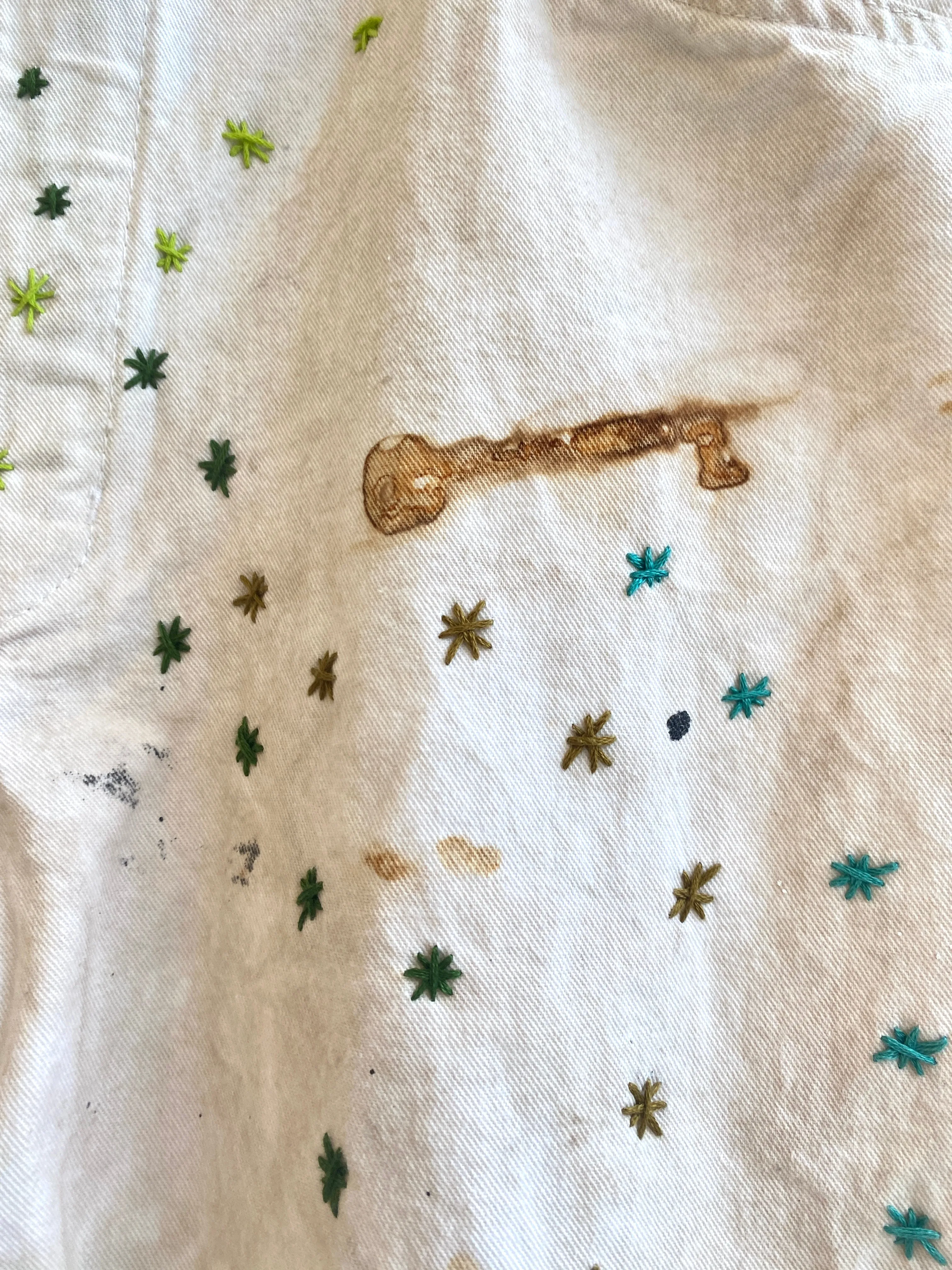 Blue & Green Star Embroidered Natural Skull Key Dyed Pants w/ Cracker Jack Charm (Reworked)