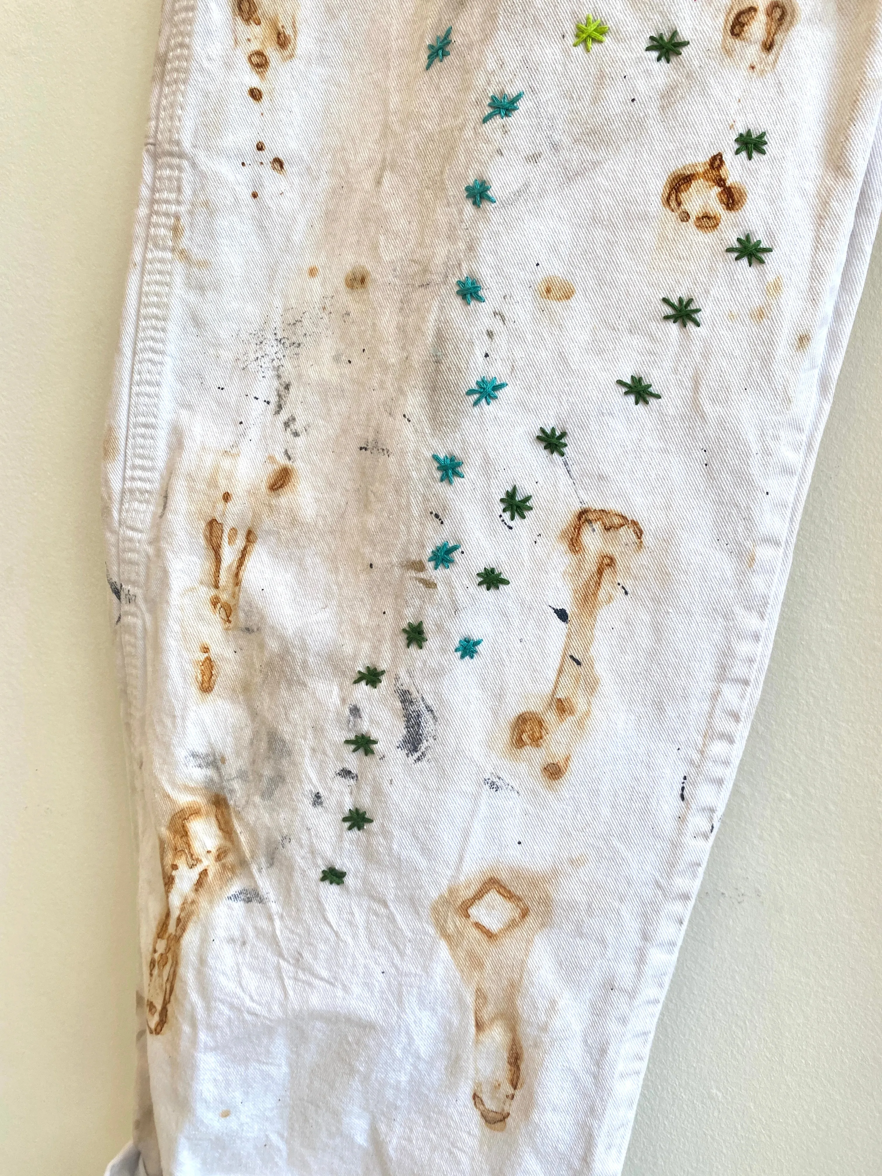Blue & Green Star Embroidered Natural Skull Key Dyed Pants w/ Cracker Jack Charm (Reworked)