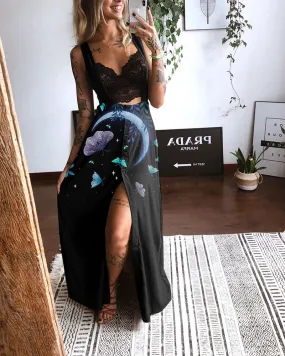 Butterfly And Moon Print Suspender Slit Skirts
