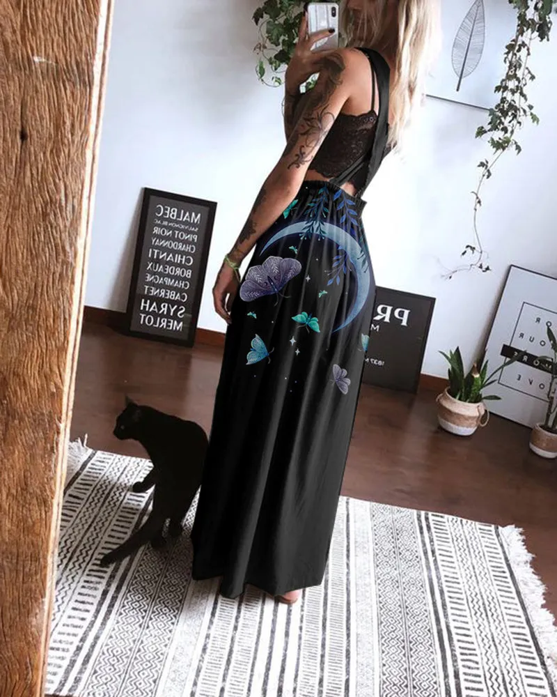 Butterfly And Moon Print Suspender Slit Skirts