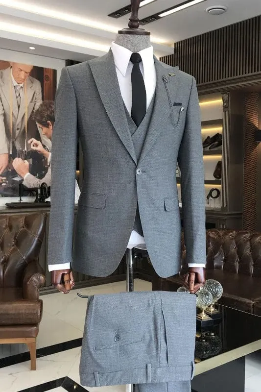 Classic Gray Peaked Lapel Three Pieces Business Men Suits One Button Wedding Groom Suits