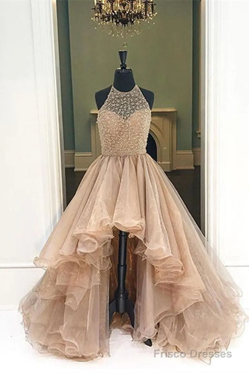 Custom Made Round Neck High Low Champagne Prom Dresses, High Low Formal Dresses