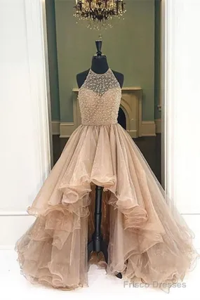 Custom Made Round Neck High Low Champagne Prom Dresses, High Low Formal Dresses