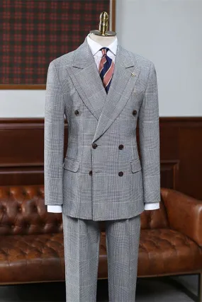 Formal Gray Double Breasted Plaid Men Business Suits Wedding Suits