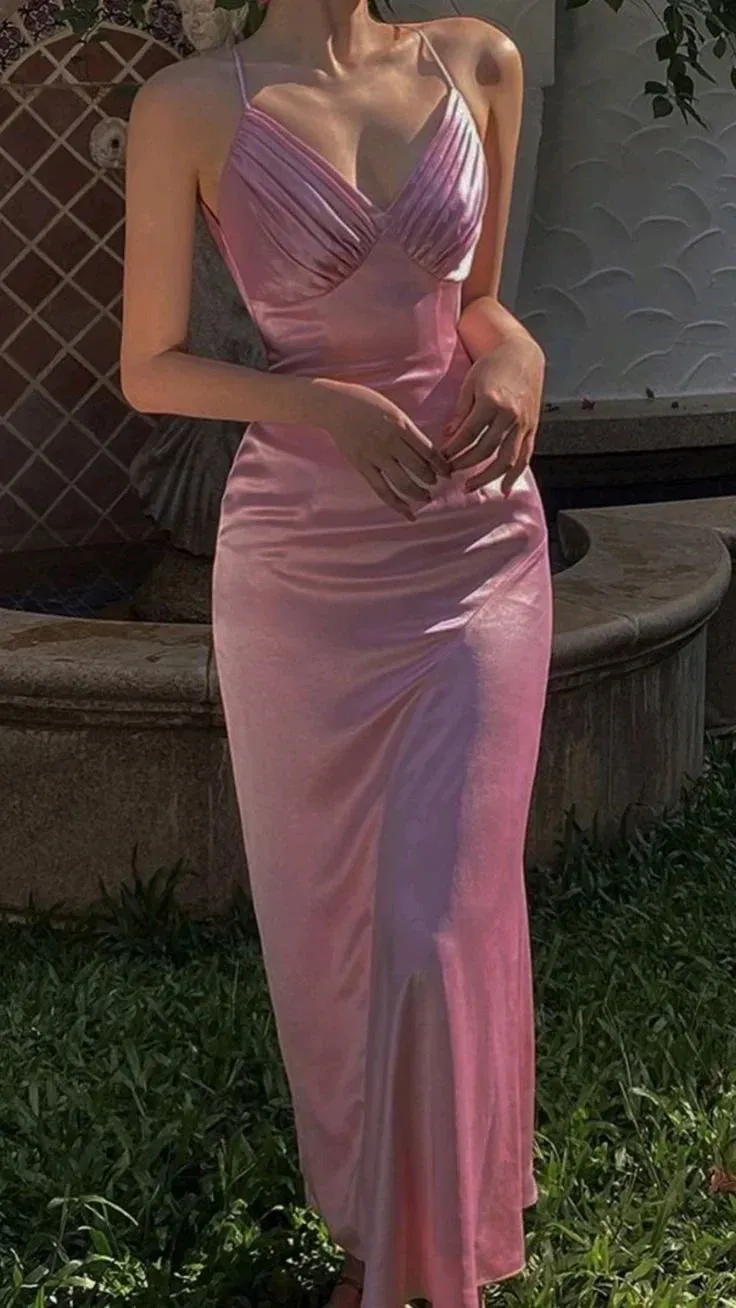 Formal Wear Dresses Pink V Neck Satin Long Prom Dress Wedding Guest Dress Prom Dresses Shops Formal Women's Dresses