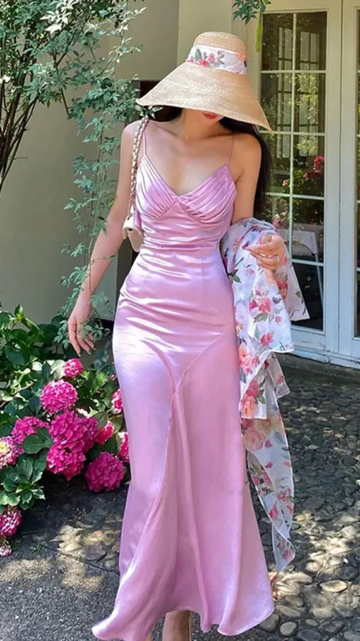 Formal Wear Dresses Pink V Neck Satin Long Prom Dress Wedding Guest Dress Prom Dresses Shops Formal Women's Dresses