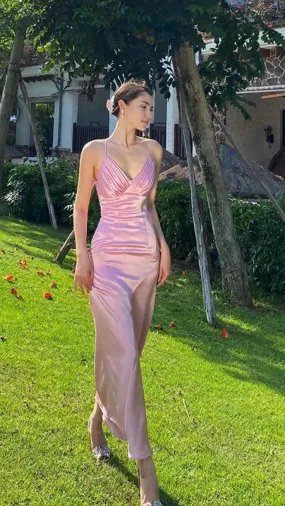 Formal Wear Dresses Pink V Neck Satin Long Prom Dress Wedding Guest Dress Prom Dresses Shops Formal Women's Dresses