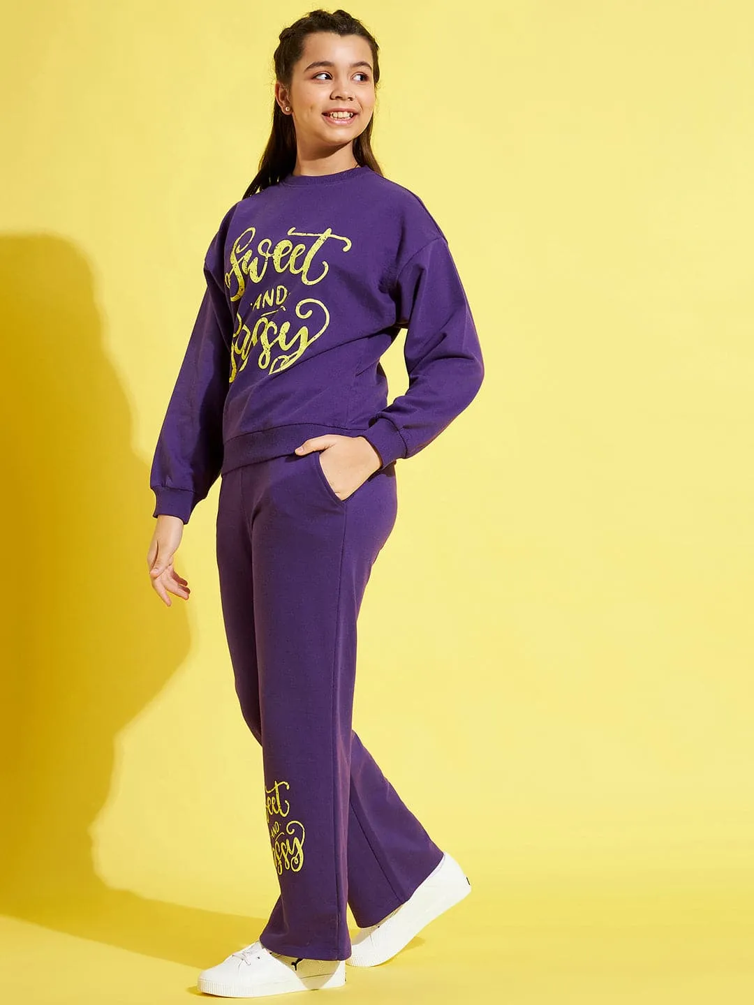 Girls Purple Sweet & Sassy Sweatshirt With Track Pants - Lyush Kids