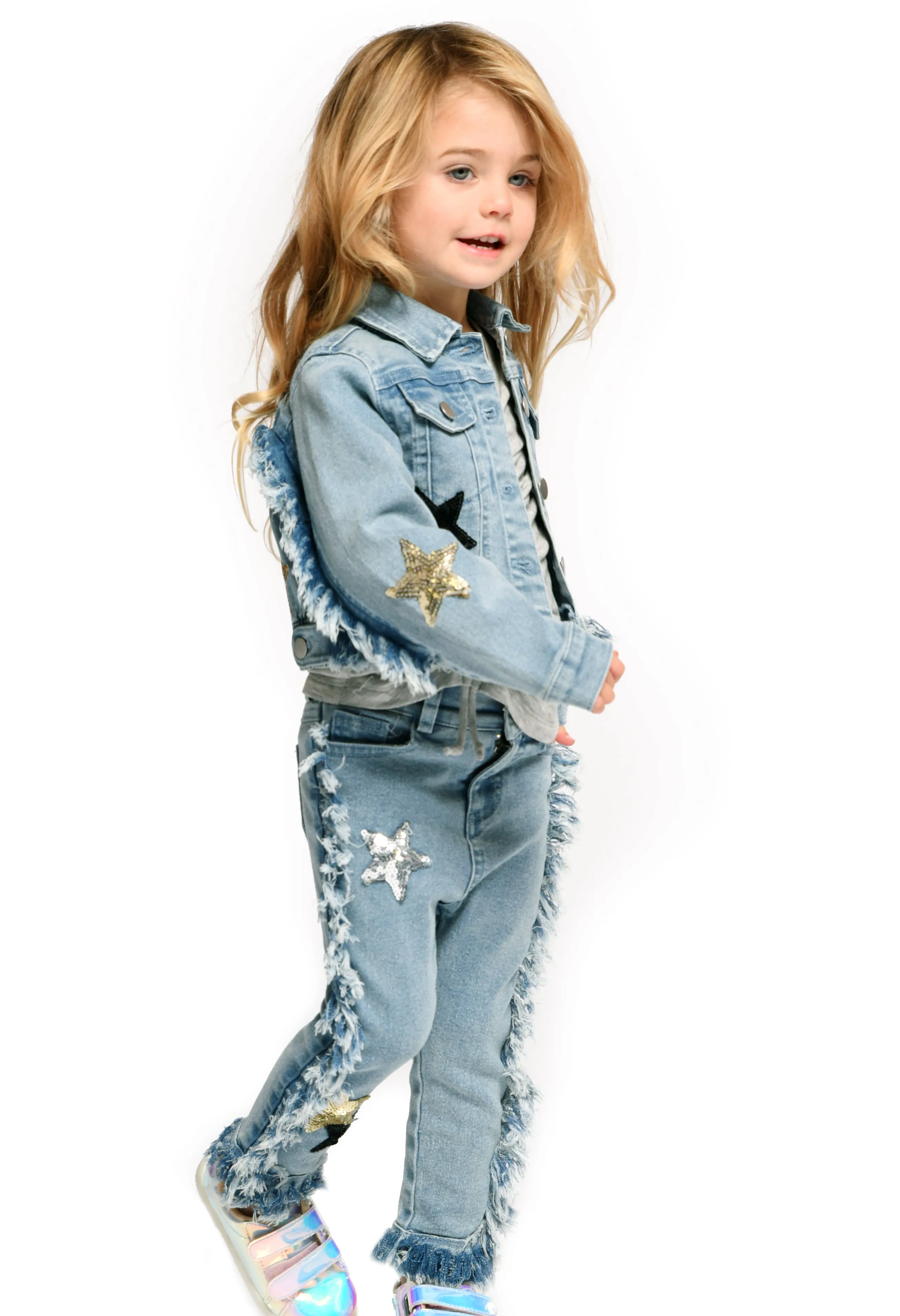 Girls Star Patch And Frayed Edge Details Denim Jacket