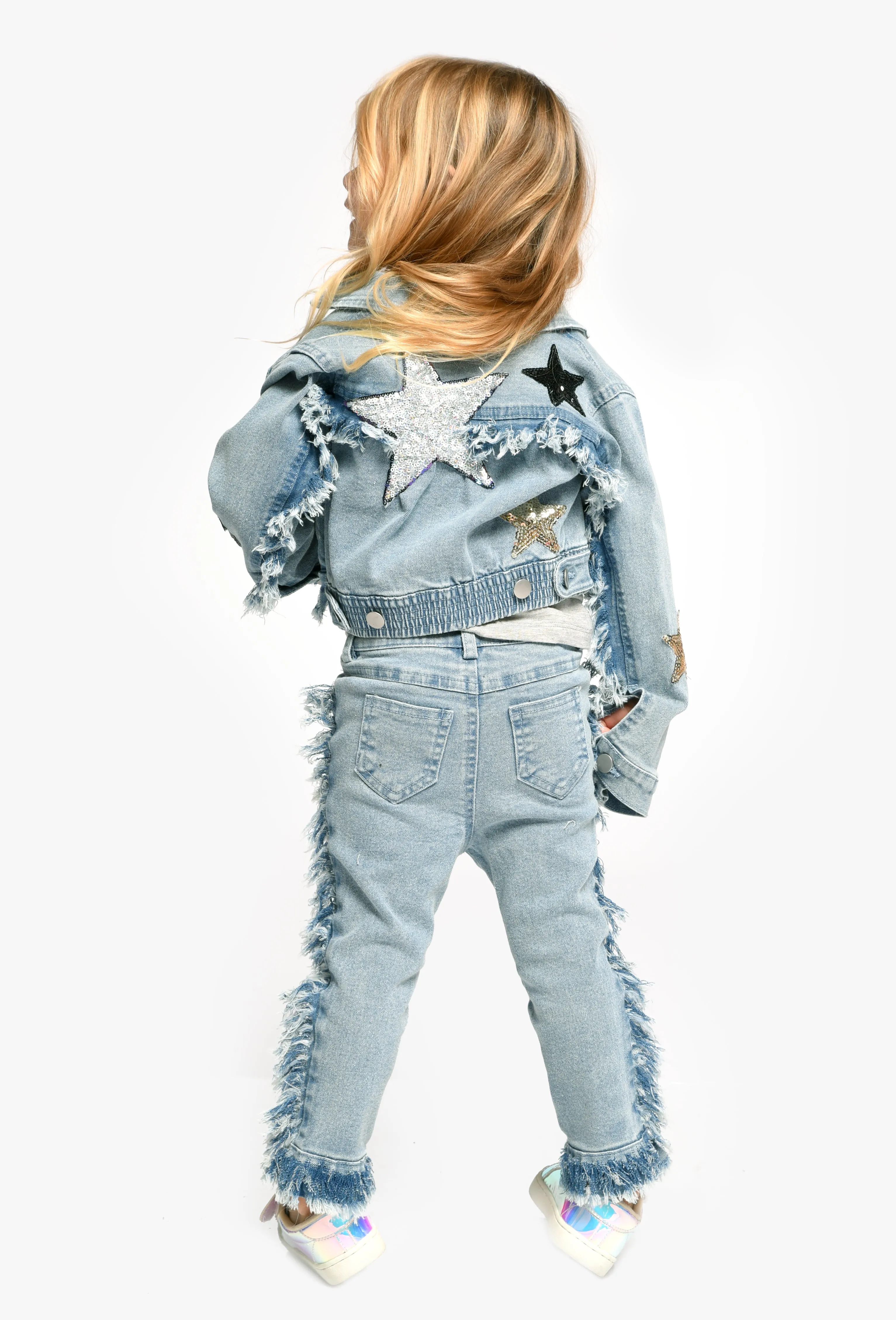 Girls Star Patch And Frayed Edge Details Denim Jacket