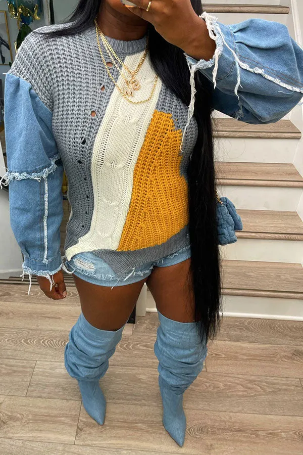 hulianfu Denim Patchwork Unique Hit Color Sweater
