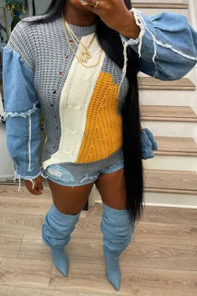 hulianfu Denim Patchwork Unique Hit Color Sweater