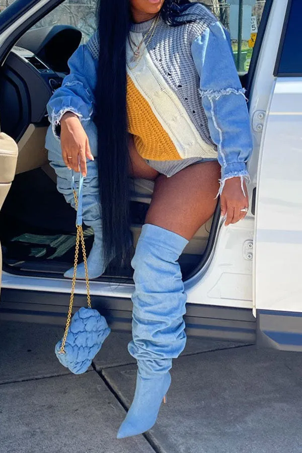 hulianfu Denim Patchwork Unique Hit Color Sweater