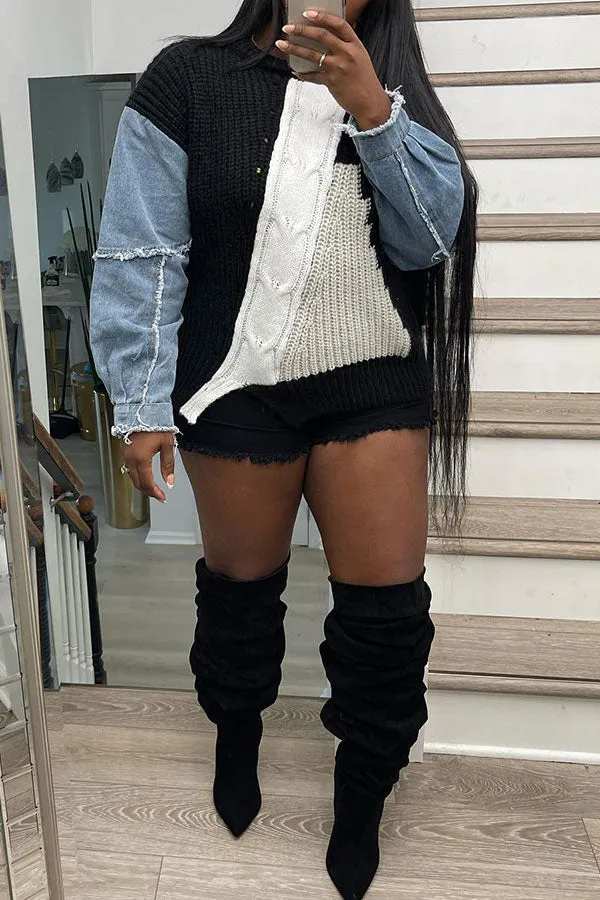 hulianfu Denim Patchwork Unique Hit Color Sweater