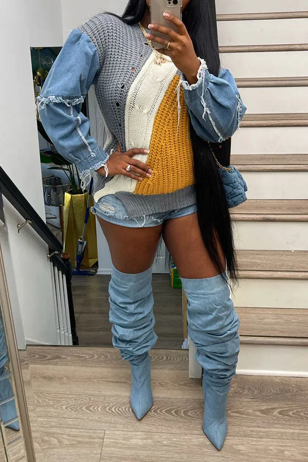 hulianfu Denim Patchwork Unique Hit Color Sweater