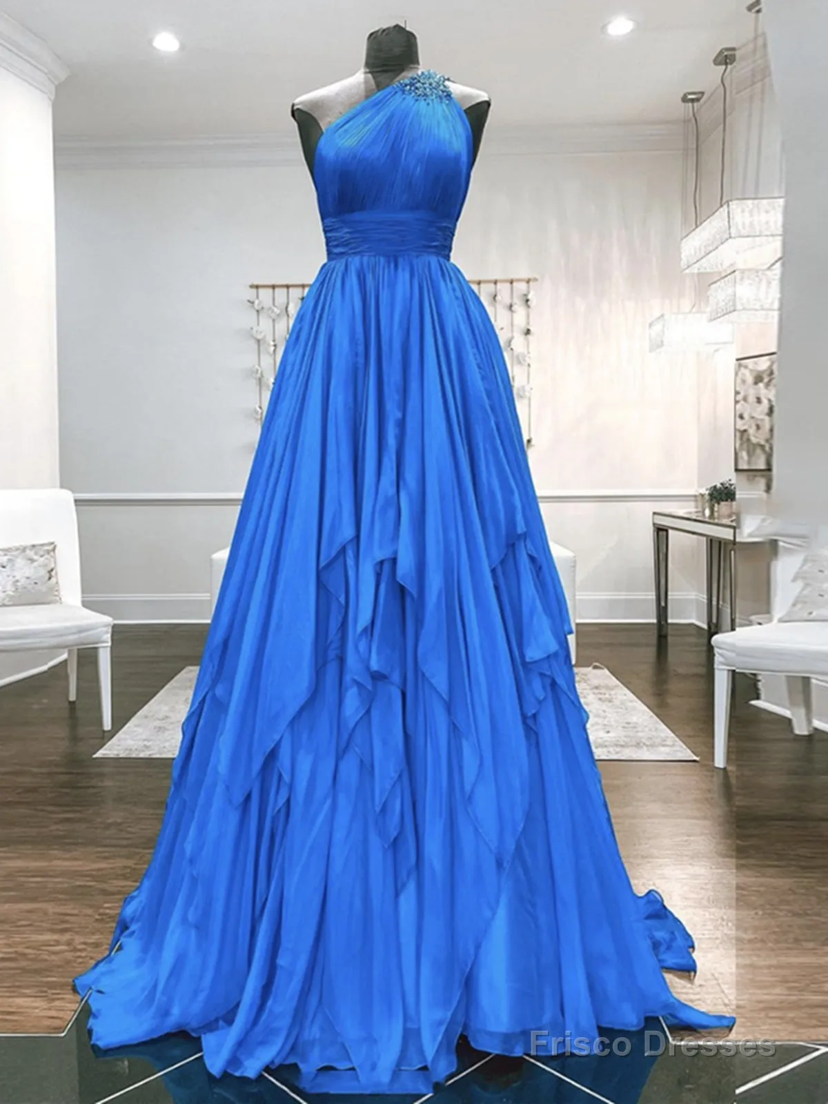 One Shoulder Blue Backless Long Prom Dresses, Open Back Blue Long Formal Evening Dresses