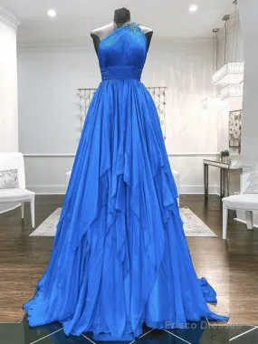 One Shoulder Blue Backless Long Prom Dresses, Open Back Blue Long Formal Evening Dresses