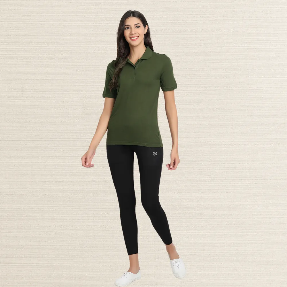 Soft Bamboo Polo Shirt | Collar T-Shirt | Women Active Wear | Olive Green