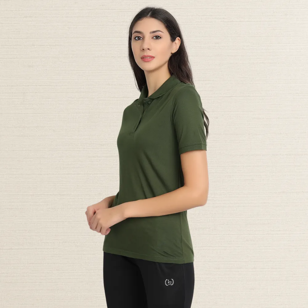 Soft Bamboo Polo Shirt | Collar T-Shirt | Women Active Wear | Olive Green