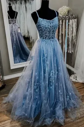 Spaghetti Straps Blue Lace Prom Dresses, Blue Lace Long Formal Graduation Dresses