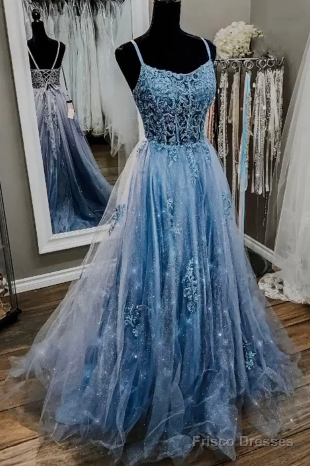 Spaghetti Straps Blue Lace Prom Dresses, Blue Lace Long Formal Graduation Dresses
