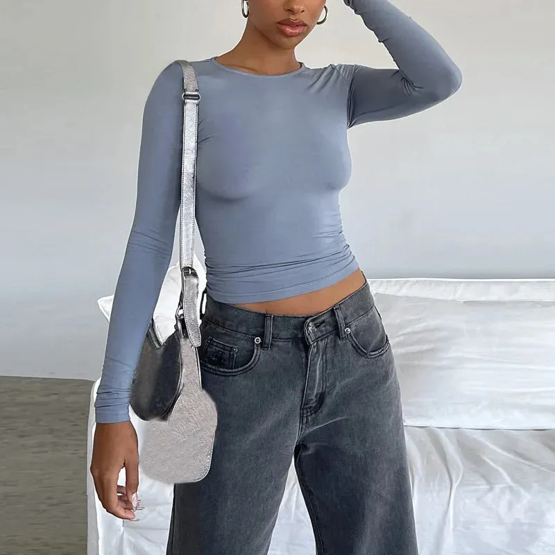 Spring Casual Black Long Sleeve Round Neck Women's T-shirt