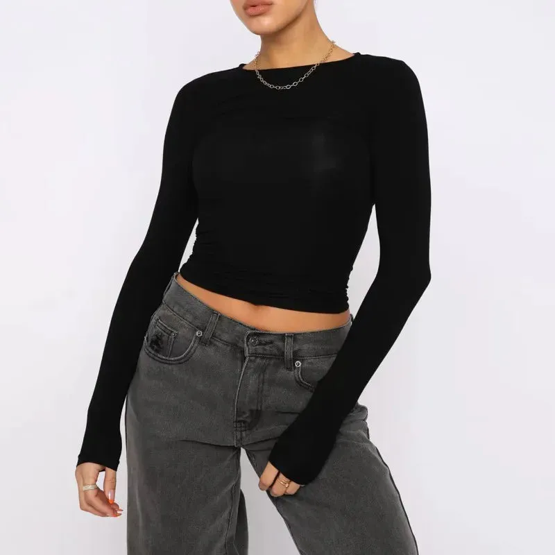 Spring Casual Black Long Sleeve Round Neck Women's T-shirt