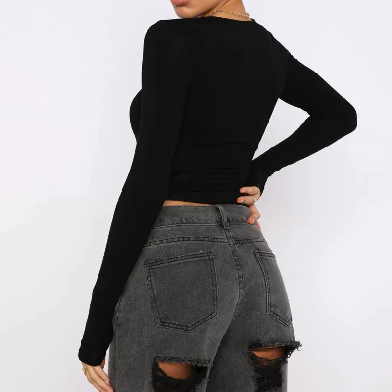 Spring Casual Black Long Sleeve Round Neck Women's T-shirt
