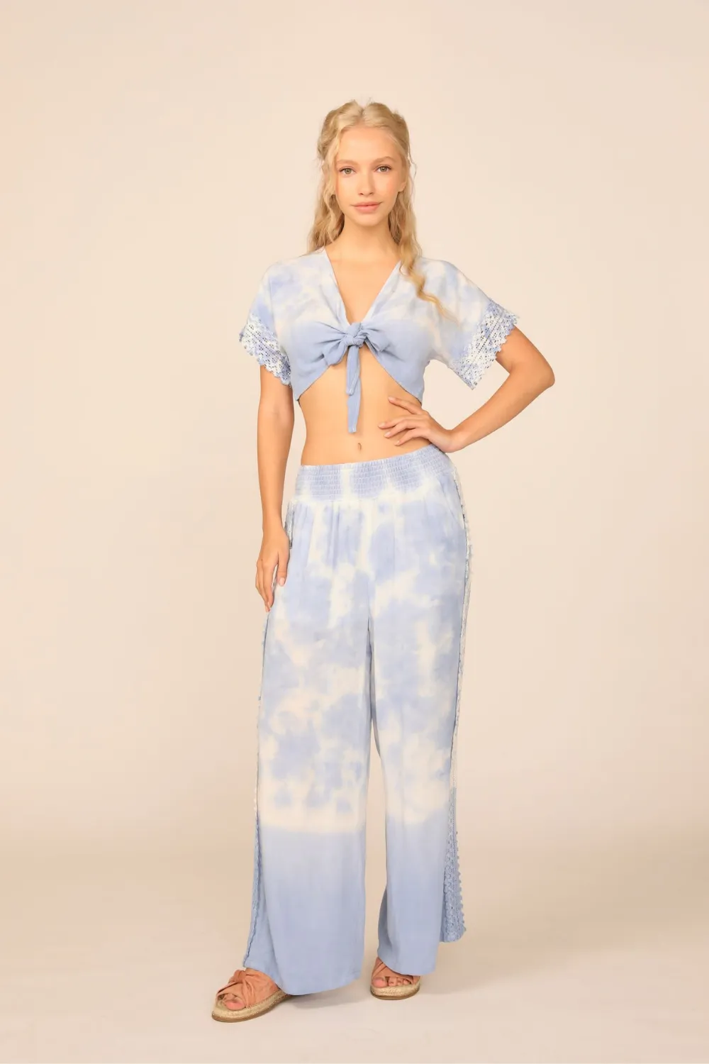 Summer White / Soft Denim Dip Dye Crochet Trim Tie Front Top