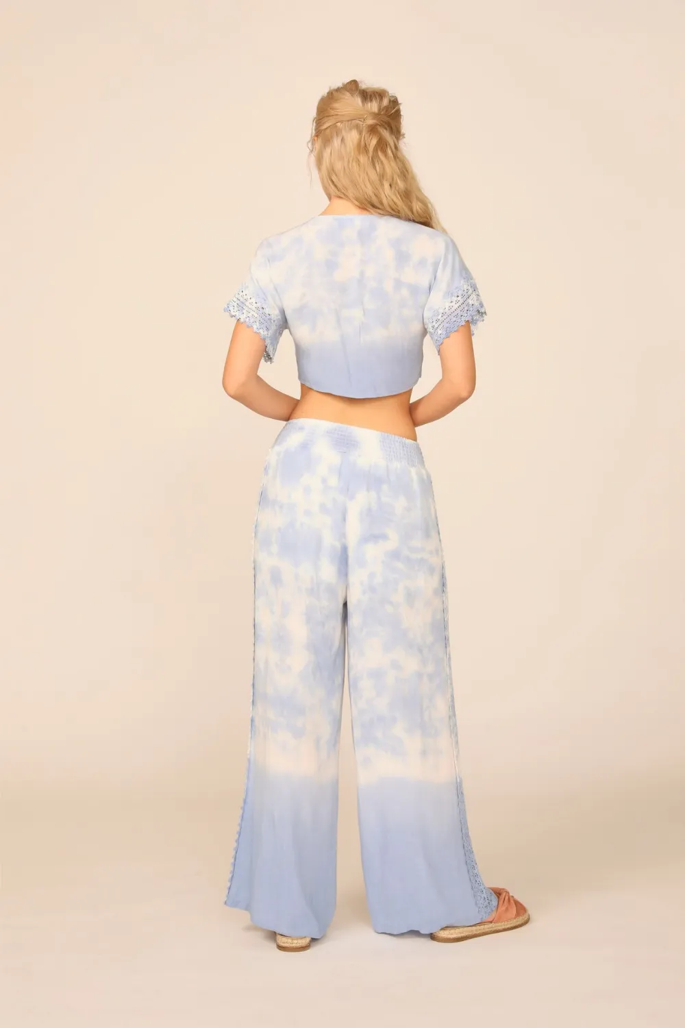 Summer White / Soft Denim Dip Dye Crochet Trim Tie Front Top