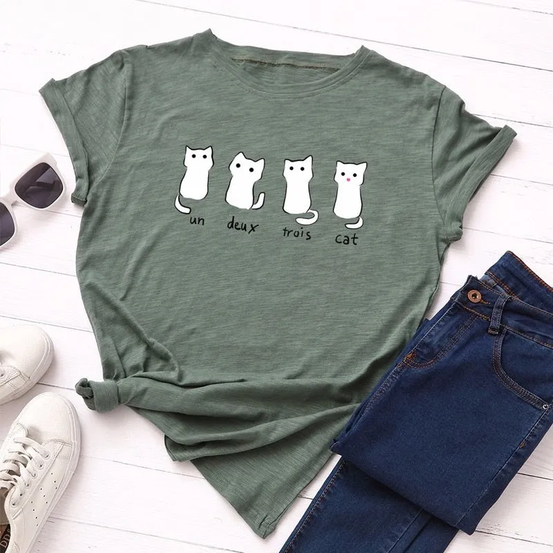 Summer Women T Shirt 5XL Plus Size Cotton Lovely Cats Print Short Sleeve Lady Tees Tops Casual Loose O-Neck Female Basic TShirt