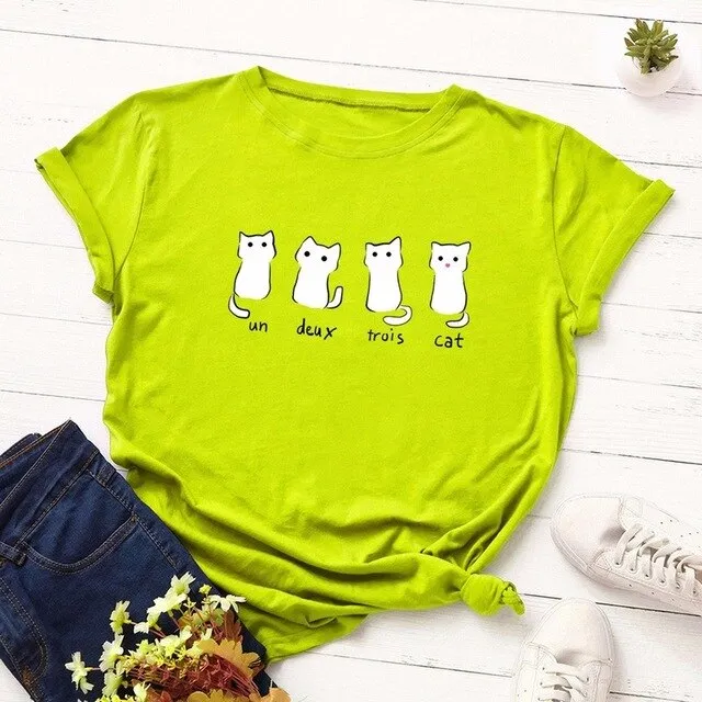 Summer Women T Shirt 5XL Plus Size Cotton Lovely Cats Print Short Sleeve Lady Tees Tops Casual Loose O-Neck Female Basic TShirt