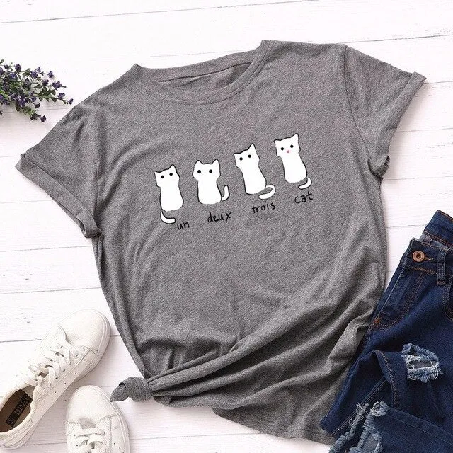 Summer Women T Shirt 5XL Plus Size Cotton Lovely Cats Print Short Sleeve Lady Tees Tops Casual Loose O-Neck Female Basic TShirt